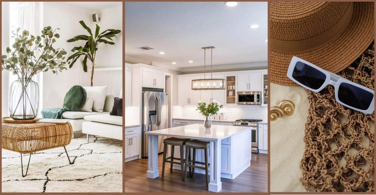 Collage of a living room, kitchen, and close-up of sunglasses and hat.