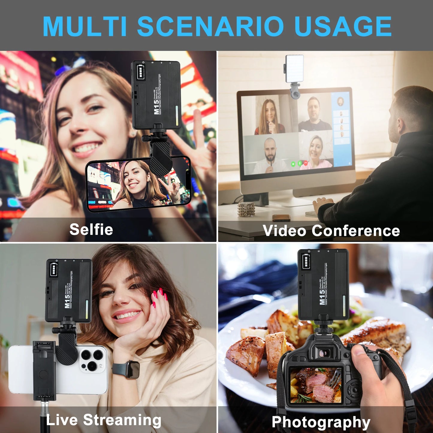 M15 LED Selfie Light – Clip-On & Rechargeable