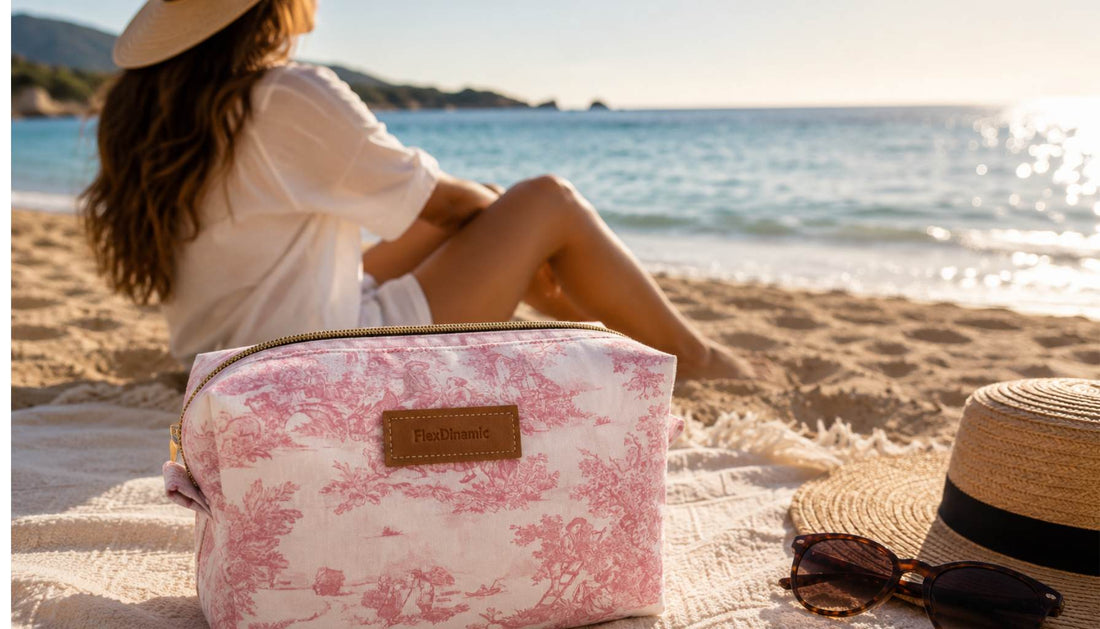 Neceser artesanal vintage rosa FlexDinamic sobre una toalla en la playa, ideal para viajes y uso diario.