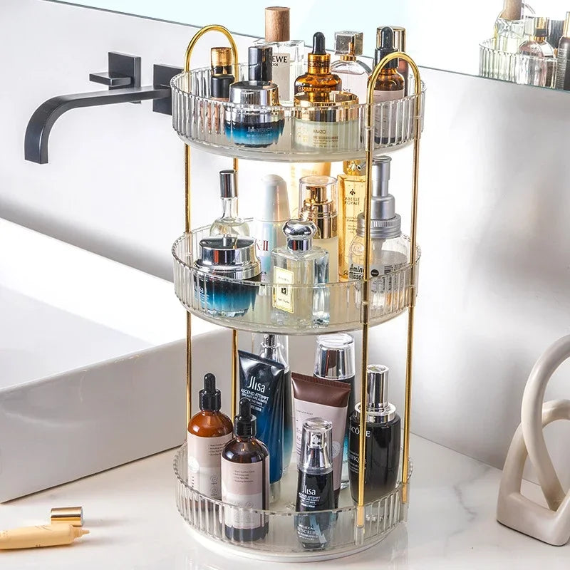 Elegance360 – 3-Tier Rotating Cosmetic Organizer with Metal Frame