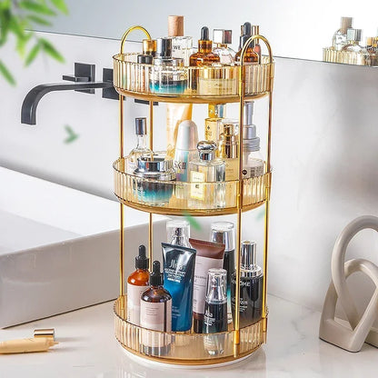 Elegance360 – 3-Tier Rotating Cosmetic Organizer with Metal Frame