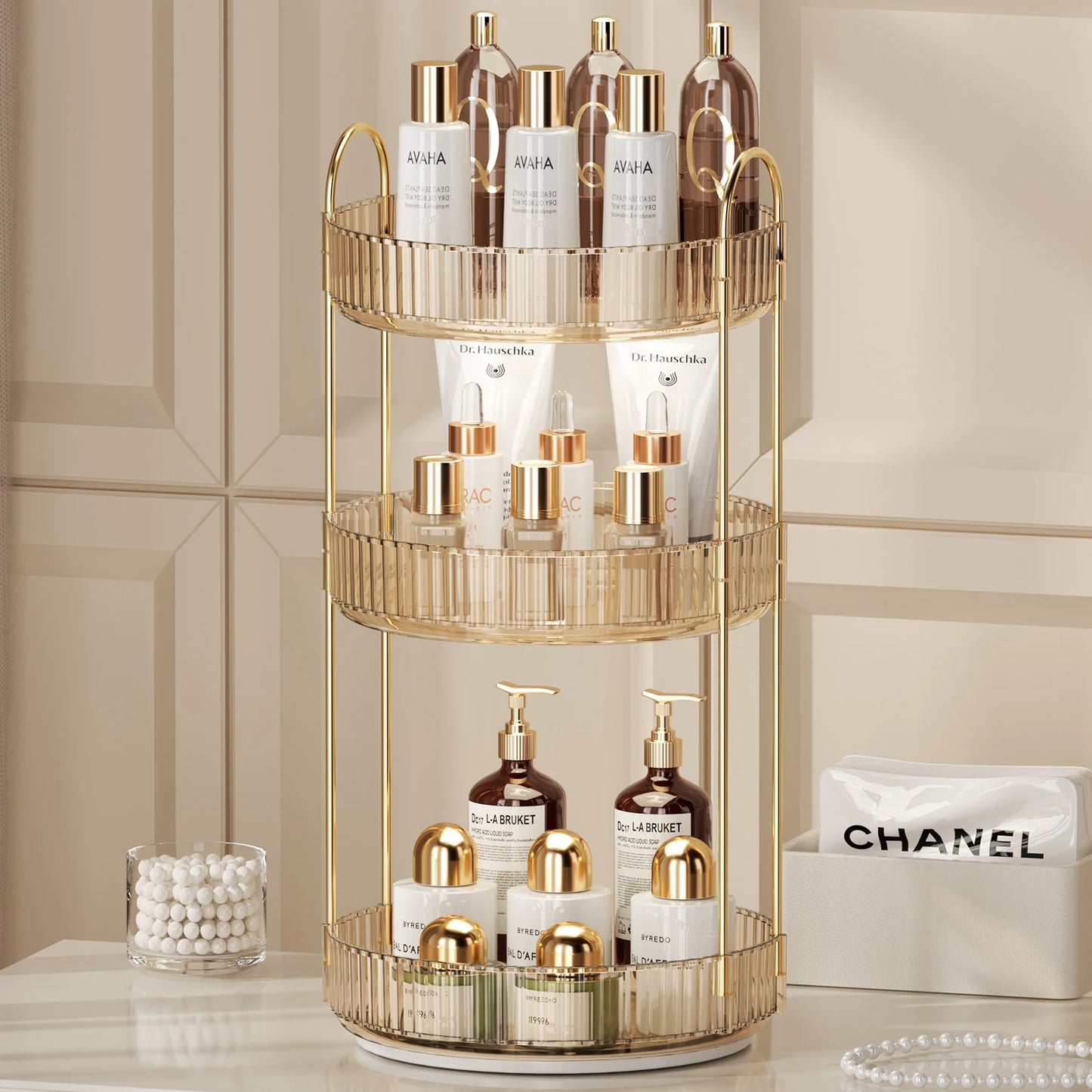 Elegance360 – 3-Tier Rotating Cosmetic Organizer with Metal Frame