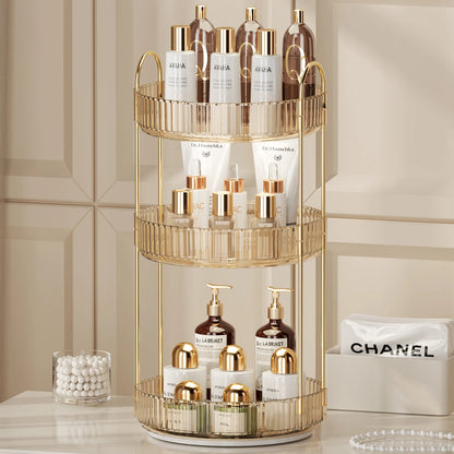 Elegance360 – 3-Tier Rotating Cosmetic Organizer with Metal Frame