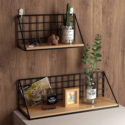No-Drill Wall Shelf – Hanging Wooden Rack with Basket