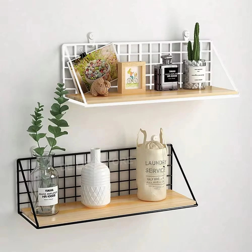 No-Drill Wall Shelf – Hanging Wooden Rack with Basket