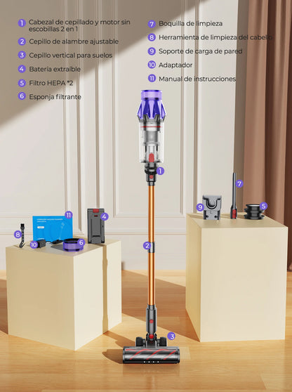 Laresar 500W Cordless Vacuum Cleaner – 50Kpa Suction, HEPA Filter, LCD Display & Wall Mount Storage