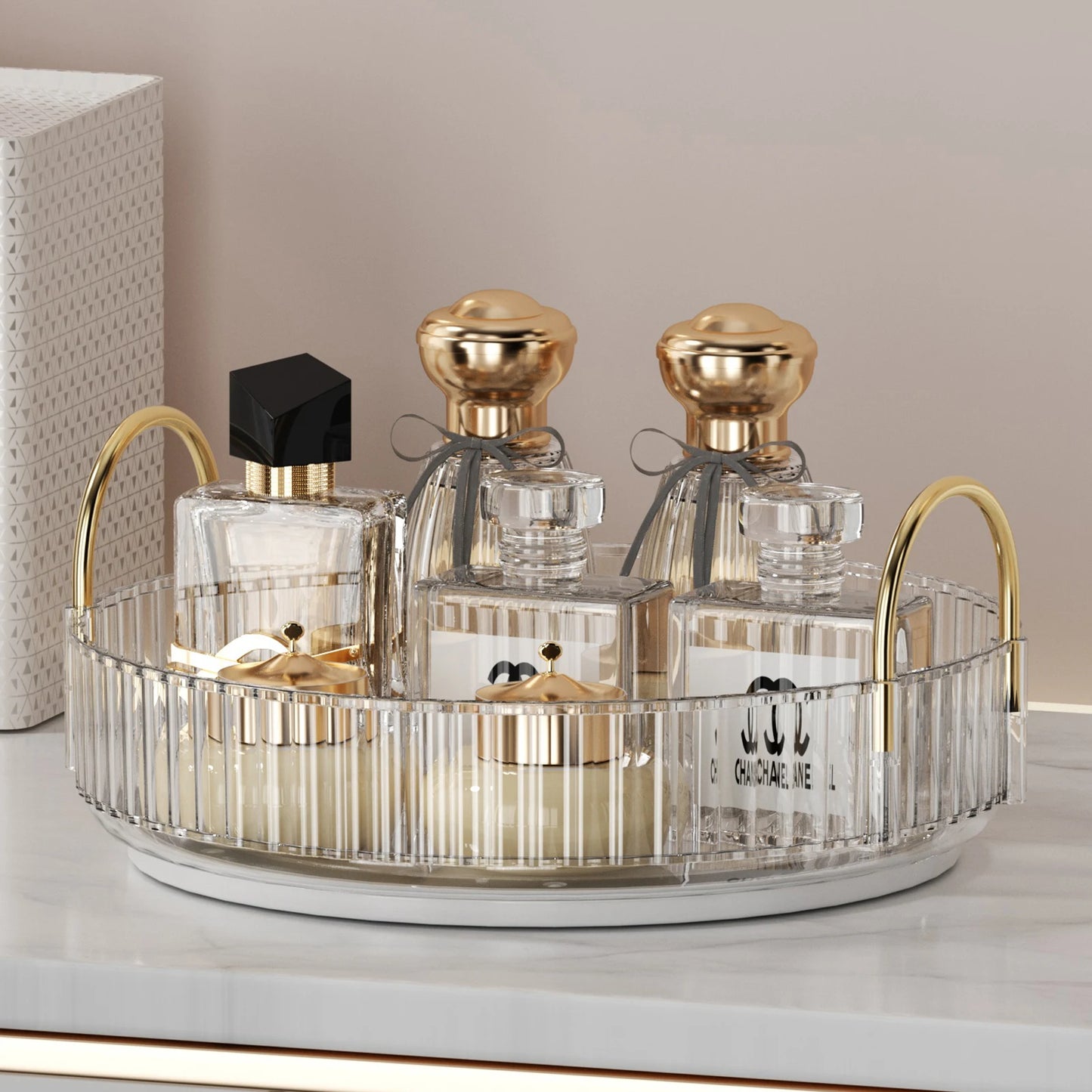 Elegance360 – 3-Tier Rotating Cosmetic Organizer with Metal Frame