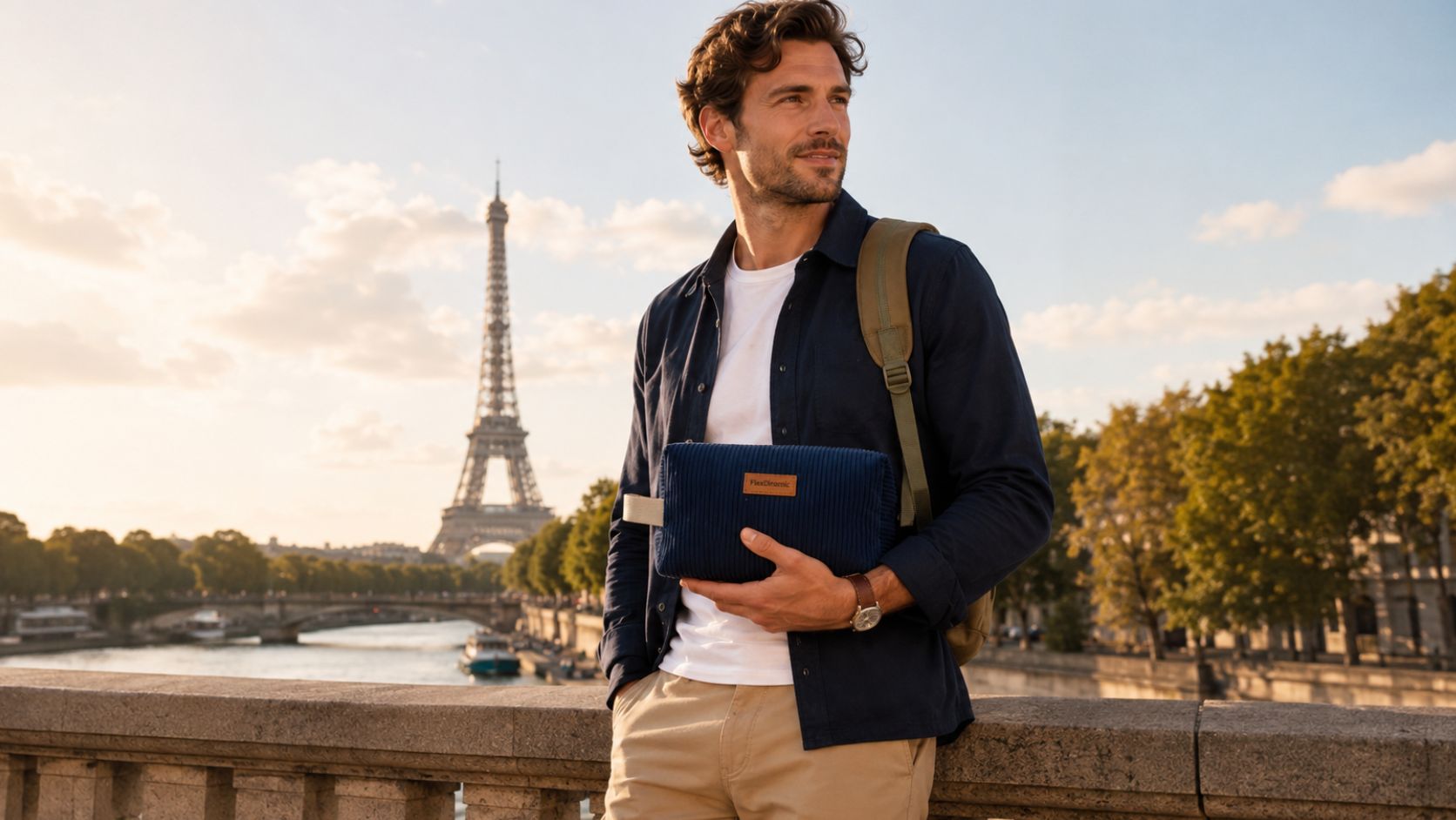 Hombre con neceser artesanal azul FlexDinamic frente a la Torre Eiffel