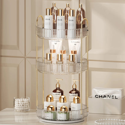 Elegance360 – 3-Tier Rotating Cosmetic Organizer with Metal Frame