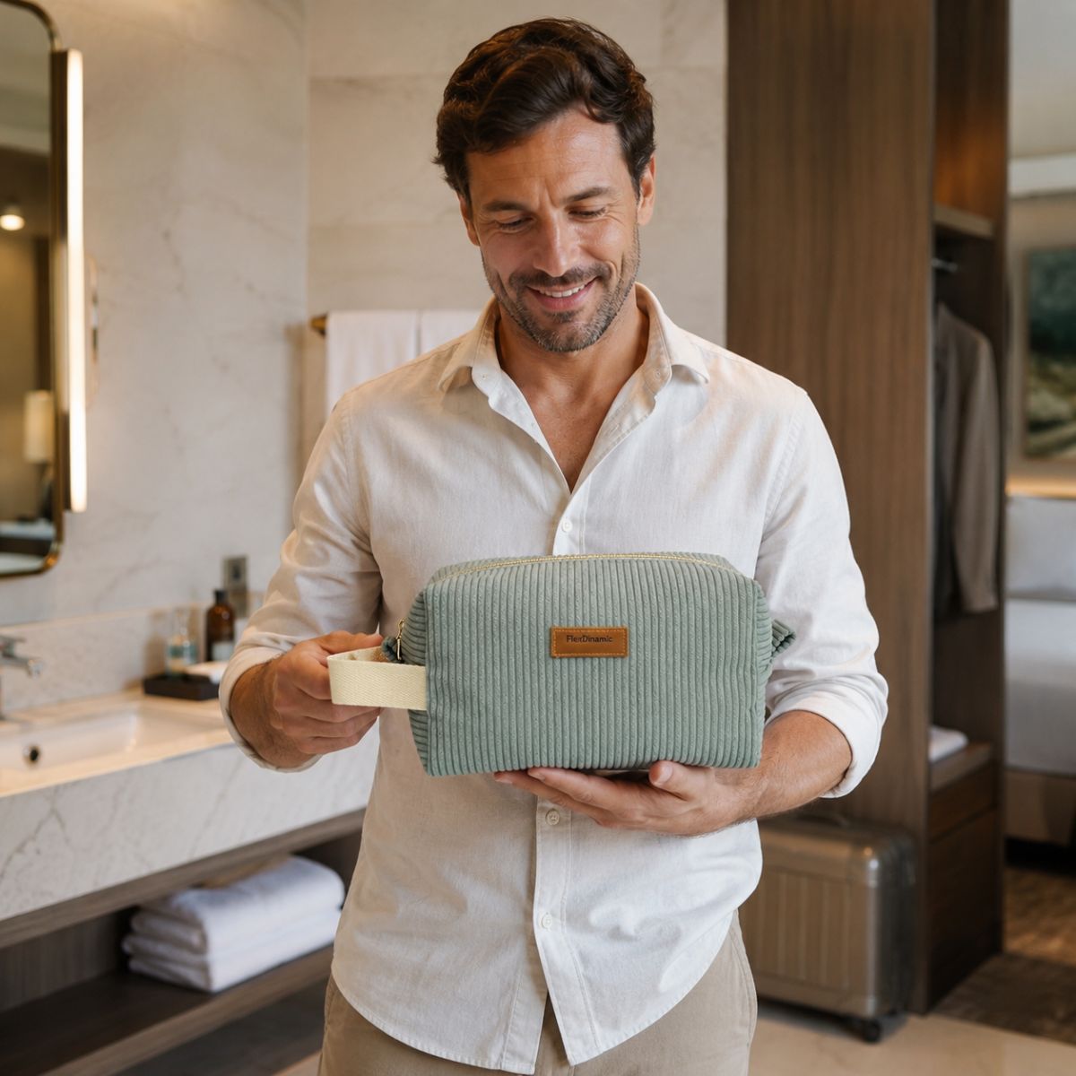 Homem segurando neceser masculino verde de veludo cotelê FlexDinamic