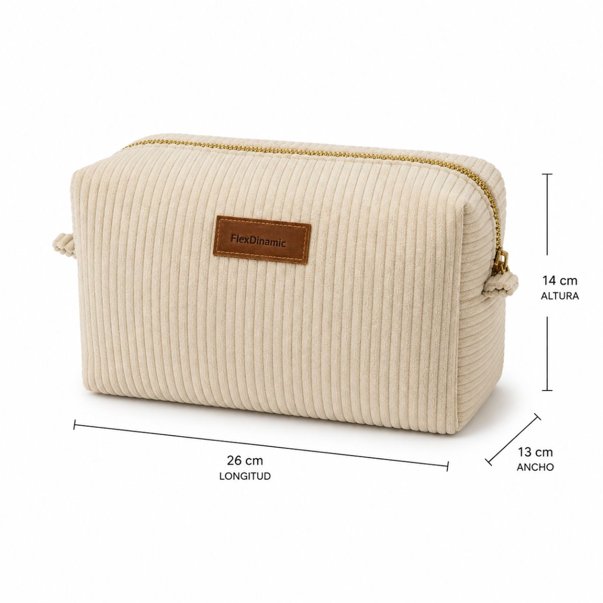 Medidas del neceser beige de pana FlexDinamic: 26 × 13 × 14 cm