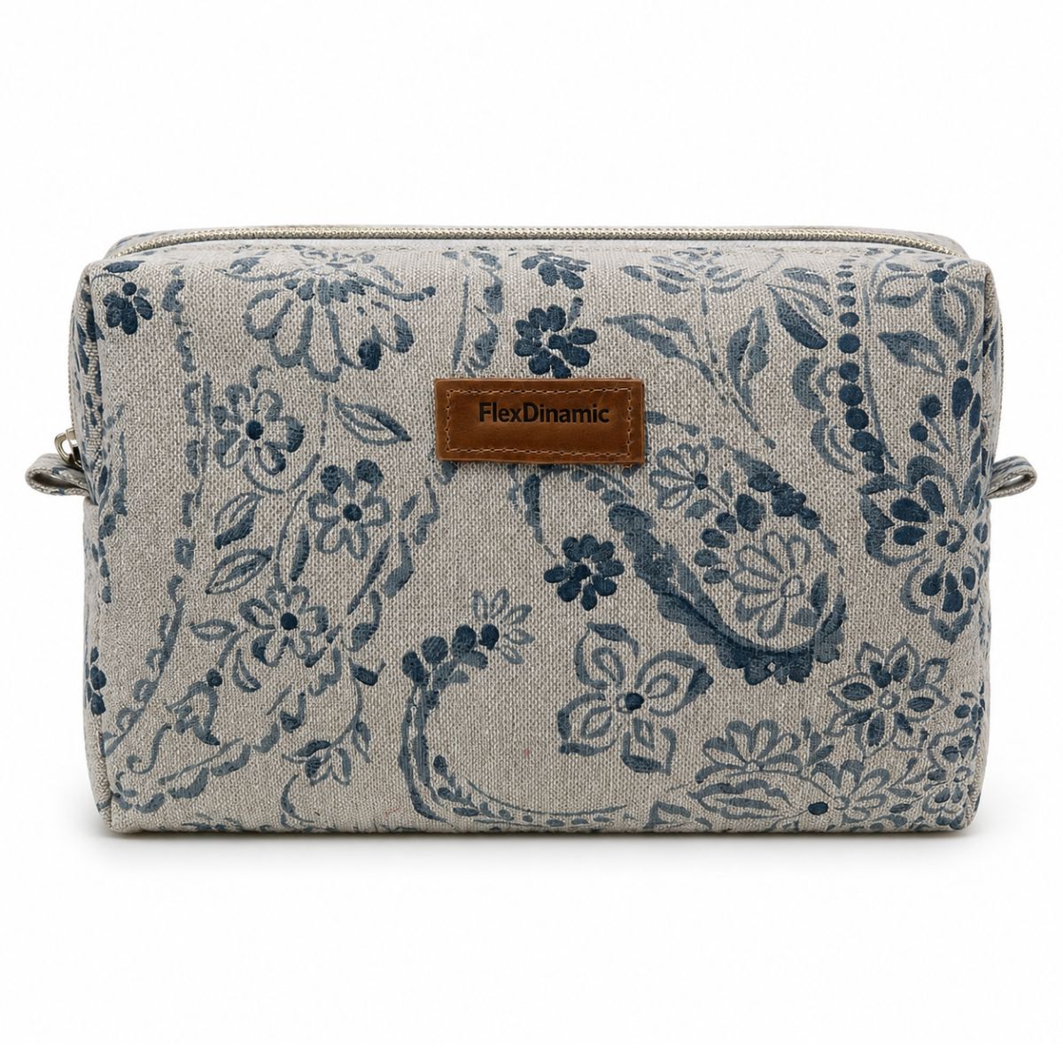 Neceser artesanal beige con estampado floral azul de FlexDinamic