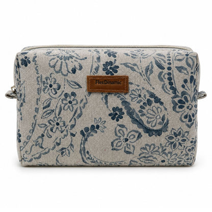 Neceser artesanal beige con estampado floral azul de FlexDinamic
