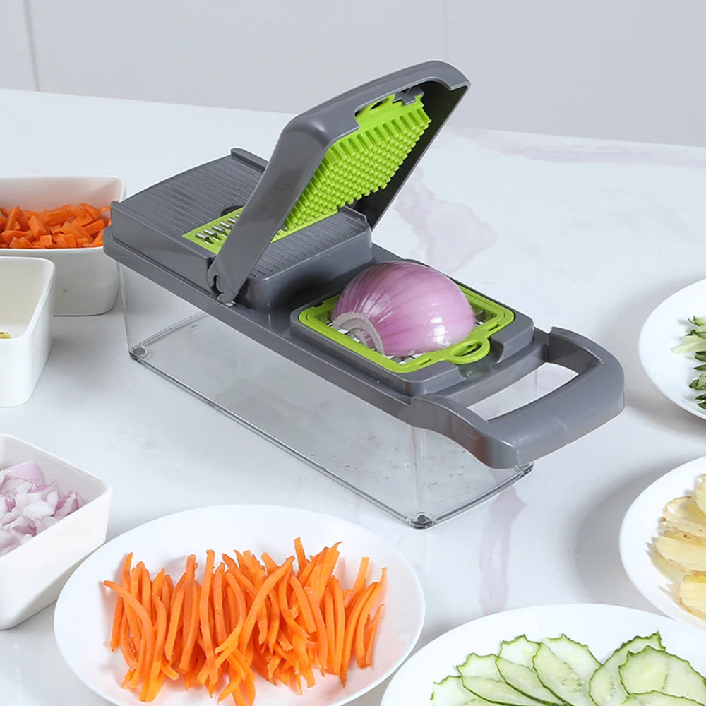 Compact food chopper with sharp interchangeable blades
