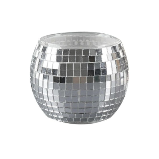 Two silver disco ball vases with green plants on a white surface, minimalist modern home decor.